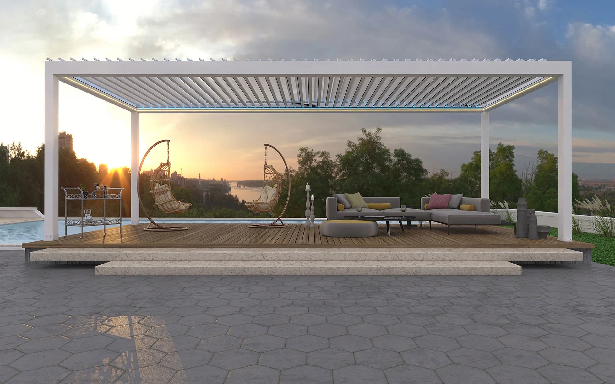 Premium pergola over outdoor pool at dusk
